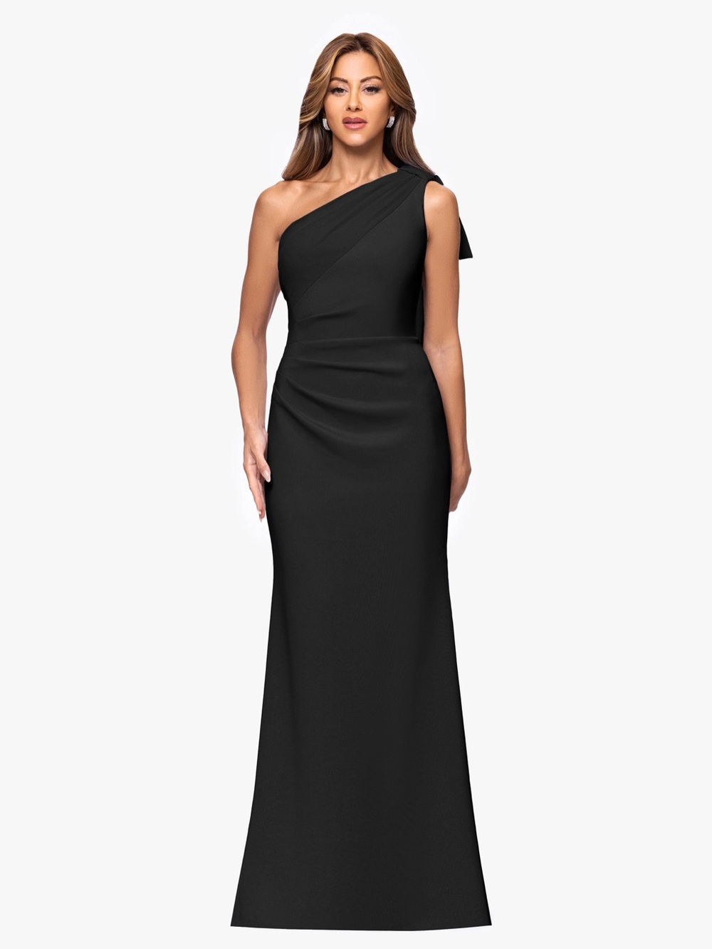 Xscape "GWEN" TECHNO SCUBA ONE SHOULDER SASH DRESS Size 6 Black